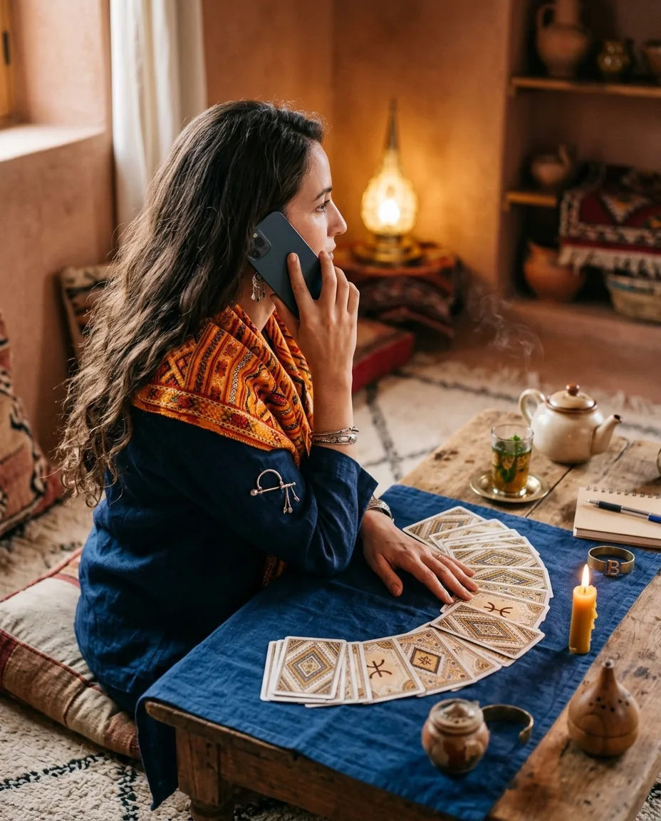 Nawel en consultation de voyance amour par téléphone, cartes étalées sur tissu indigo, ambiance intime kabyle