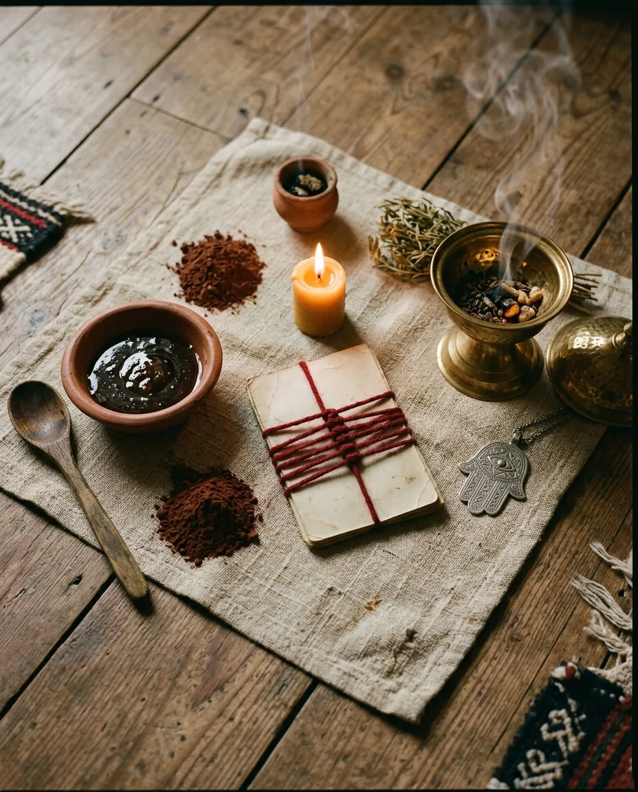 Rituel kabyle complet de retour affectif : bougie, photo, miel du Djurdjura, fil rouge tasayt à sept nœuds, bkhour de harmel