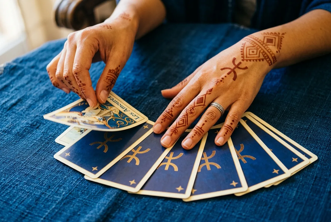 Mains au lḥenni kabyle tirant les cartes du tarot, geste ancestral du tirage amour gratuit Nawel